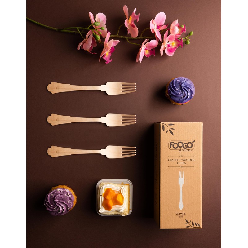 FOOGO Green 100pcs Elegant Disposable Wooden Forks, FSC® Certified, 100x