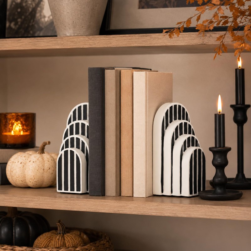 Modern Striped Arch Bookends Set of 2 Resin Black White