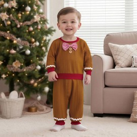 FIOMVA Christmas Outfits Toddler Baby Gingerbread Man Costume Girl Boy Xmas Clothes Sweatshirt + Long Pants Set Fall Winter (Khaki, 12-18 Months)