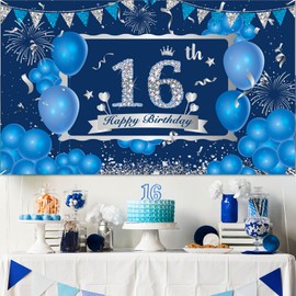 Blue Silver Happy 16th Birthday Decorations For Boys Girls Blue Silver Happy 16th Birthday Banner Blue Silver 16th Birthday Party Supplies For Ourdoor Indoor 72.8 X 43.3 inch