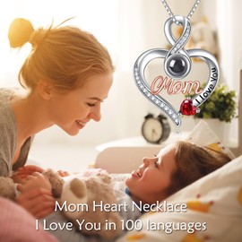 WINNICACA Mom Gifts from Son Mother Necklace for Women Sterling Silver 100 Languages I Love You Mother Pendant Necklace Heart Jewelry to Mother from Daughter Christmas Birthday Gifts for Mother
