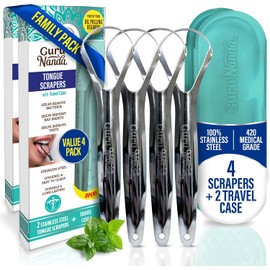 Guru Nanda Raspador de lengua de acero inoxidable (paquete de 4), lucha contra el mal aliento, grado médico, 100% acero inoxidable, ideal para higiene bucal, limpiador de lengua para adultos y niños