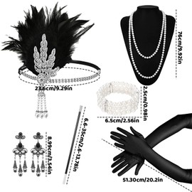 8pcs 1920s Flapper Great Gatsby Accessories Set,Great Gatsby Accessories Women with Flapper Headband,Pearl Necklace,Black Gloves,Bracelet,Earrings,Handheld Prop,for 20s Theme Party