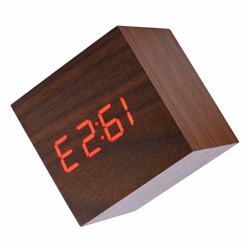 6x6x6cm Wooden Electronic Digital Alarm Desk Clock Temperature LED Display