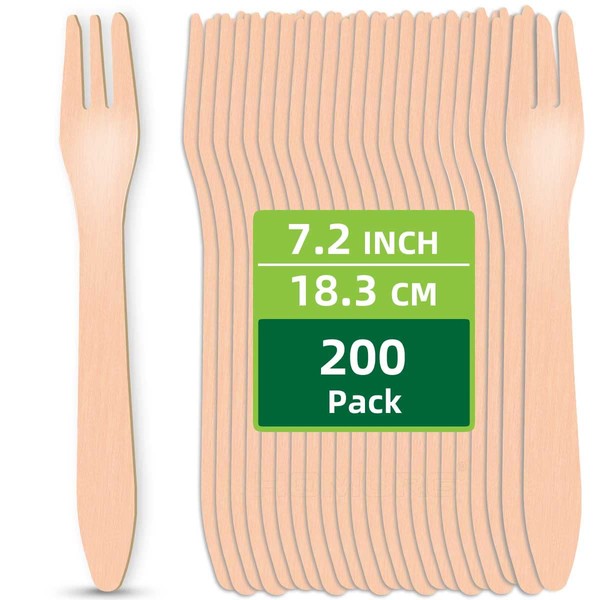 HOMURG Disposable Wood Forks Bulk 200 Packs Party Cutlery, Biodegradable Birch Wooden Fork 7.2 inch, Eco-Friendly Compostable Forks for Happy Birthday, Weddings, Christmas, Cocktail Parties