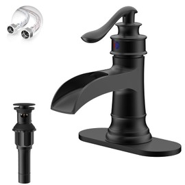BATHLAVISH Matte Black Waterfall Bathroom Faucet, Single Handle Bathroom Sink Faucet 1 Hole or 3 Hole, Vanity Sink Faucet for Vintage Antique Lavatory Washroom with Pop Up Drain, Deck, 2 Hoses