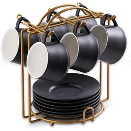 YHOSSEUN Coffee Espresso Cups with Saucers Set with Cup Holder 4 oz, Set of 6 - Demitasse Cups Black - Color: Black, Weight: 3.0 ounces