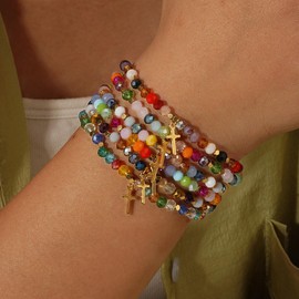 ChungLong0593 Christian Gifts Colorful Crystal Natural Stone Cross Stretch Bracelets for Women Men Faith Easter Catholic Religious Meaningful Baptism Communion Beads Bracelets-Style A