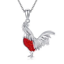 DAYLINLOVE Chicken Necklace 925 Sterling Silver Red Opal Rooster Pendant Chicken Jewellery for Women, Sterling Silver