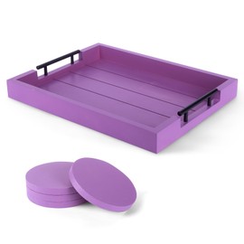 Berry Store Ottoman Tray with Handle for Living Room – Set of 4 Natural Wooden Coasters – Rustic Serving Tray for Coffee Table – Kitchen Decorative Tray with Handles (Purple)