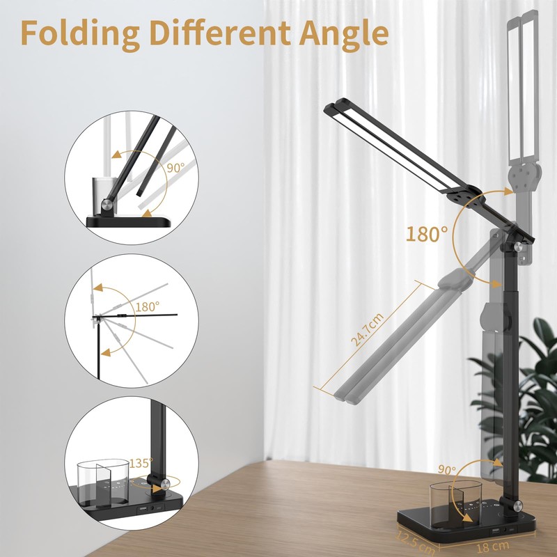 Desk Lamp, Dual Head, Height Adjustable, Dimmable Bedside Lamp with