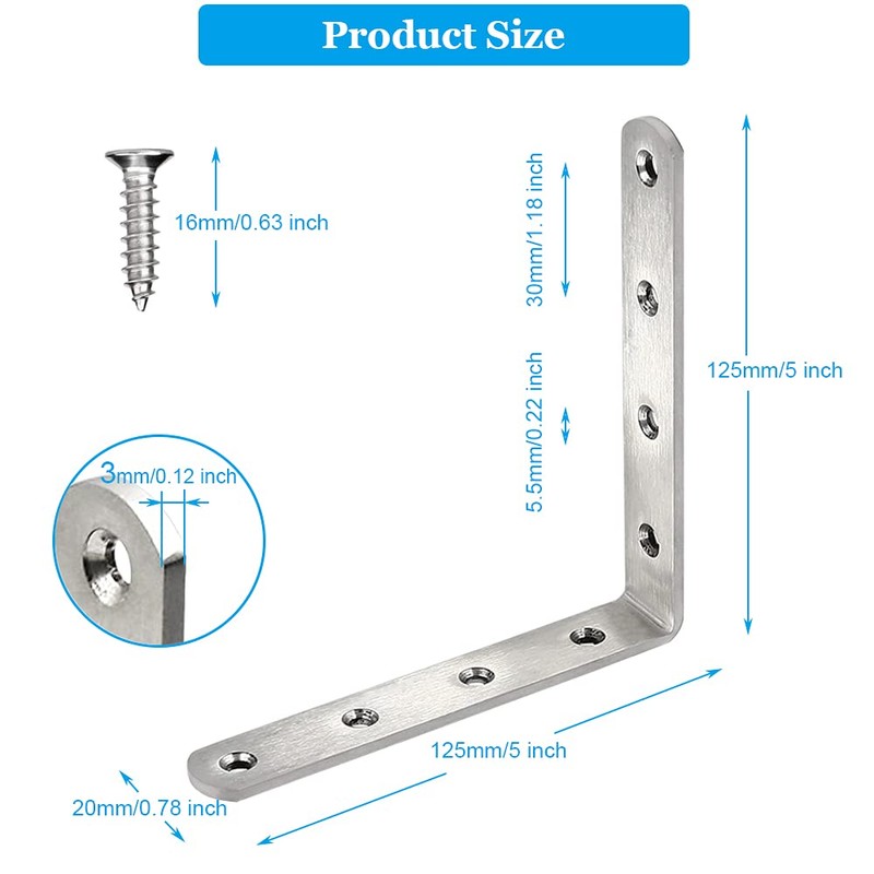 8 Pcs Stainless Steel L Bracket 5 x 5 inch