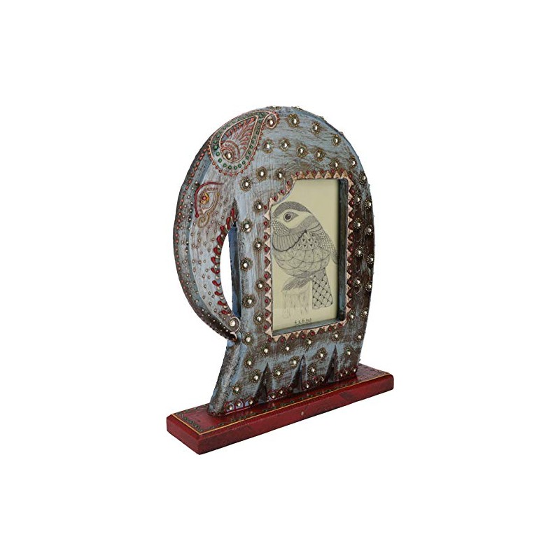 GURU SHOP Standing Picture Frame in Elephant Shape, Blue, Mango