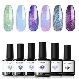 modelones- Juego de esmaltes de uñas en gel Chameleon de 6 colores con purpurina Aurora Shimmer, esmaltes en gel de color azul, verde y morado        