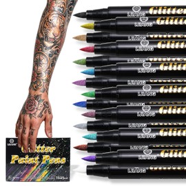Glitter Temporary Tattoo Markers, Flexible Brush Tips - 15 Metallic Colors