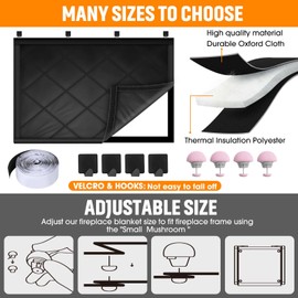 Fireplace Cover, Fireplace Draft Stopper for Heat Loss, Fireplace Blocker Blanket with Hook and Loop Tape, Indoor Fireplace Blanket for Insulation Black 39" W x 32" H