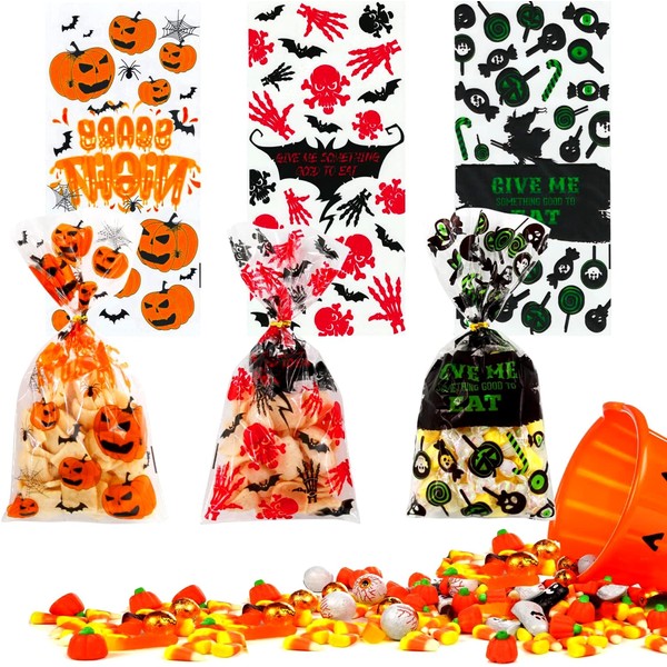 150pcs Halloween Cellophane Treat Bags, Halloween Candy Bags Pumpkin Bats Skull Ghost Clear Cello Goodies Bag With 210 Twist Ties Snack Bags For Kids Party Supplies & Favors Trick Or Treat