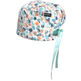 CALOMED Scrub Cap for Women, Euro Style Scrub Caps, Working Hat, Head Cover with Ribbons and Buttons, Long or Short Hair (Terrazzo on White)