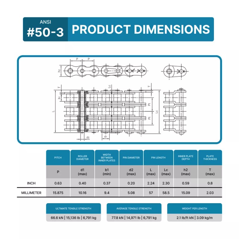 PGN #50-3 Triplex Triple Strand Roller Chain x 10 feet