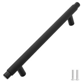 Decoranddecor Aurelia - Round Knurled Cupboard Handles | T-Bar Cabinet Handles | Kitchen Cupboard Pulls | Furniture Knobs - Matt Black - 160mm Hole Centre Distance