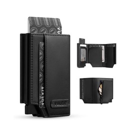 VULKIT Mens Wallet for Max.12 Cards with Pop-Up Credit Card Ejector Case, ID Window, Cash/Bills Compartment and Coin Pocket, Velcro Closure, Giftbox Packed, Black Nappa Leather