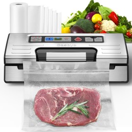 Gasbye Vacuum Sealer Machine, 90kPa Food Sealer with Double Heat Seal for Dry/Moist Food, Easy-lock Handle, Built-in Bag Storage & Cutter, Progress Display, Removable Drip Tray, Silver