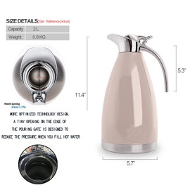 Sumerflos 68 Oz Stainless Steel Coffee Thermal Carafe/Double Walled Vacuum Thermos Insulated / 12 Hour Heat Retention / 2 Liters (Pink)