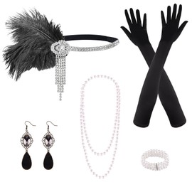 PLULON 8 Pieces 1920s Flapper Great Gatsby Accessories Set Fashion Roaring 20's Theme Set with Headband Headpiece Long Black Gloves Necklace Earrings for Women(Style 3)