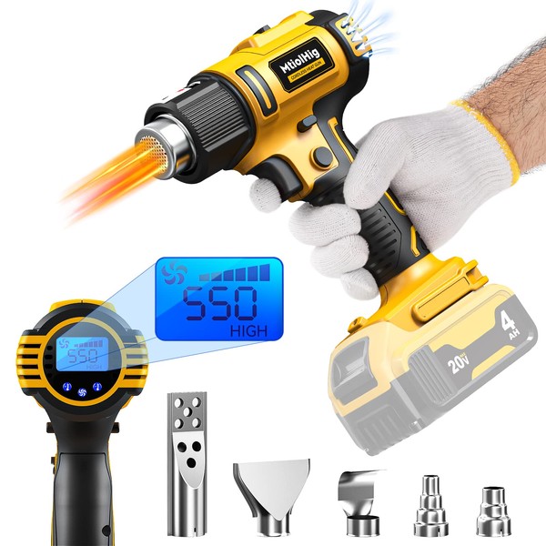 Cordless Heat Gun for DeWALT 18v 20v Max Battery, Fast Heating 122℉ to 1022℉ Variable Temperature Heavy Duty Hot Air Heat Gun with 5pcs Nozzles for DIY Crafts, Shrink Tubing, Wrap, Stripping Paint