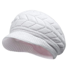 KEYDUACU Women Winter Warm Knit Hat Wool Snow Ski Caps with Visor (AU, Alpha, One Size, Medium, White)