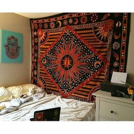 Popular Handicrafts Wall Hanging Tapestry For Bedroom Hippie Burning Sun and Moon Meditation Bohemian Hippy Psychedelic Design Indian Tapestries Bedspread 90 x 108 inches (230cm x 270cm) Green