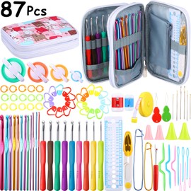 87 Pieces Crochet Hooks Set with Storage Case, Pompom Maker Crochet Hooks Kit Sewing Knitting Needles Stitch Marker Crochet Hooks for Beginners Skilful DIY Crochet Lovers