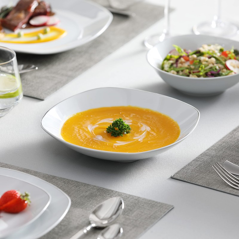 MALACASA Dinnerware Sets, 24 Piece Porcelain Square Dishes, White with
