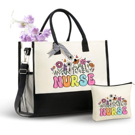 InnoBeta Nurse Gifts Canvas Tote Bag for Women, Nurse Flower Bag with Top Zipper Closure and Shoulder Strap for Appreciation Day, Christmas, Graduation