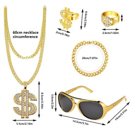 QIWEIS Costume 5 Pieces Dollar Chain Hip Hop Costume Kit Dollar Sign Ring Rapper Costume Accessory with Colour Gradient 80 90s Costume for Fancy Dress Theme Parties Role Play