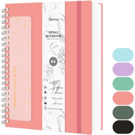 Qefuna Notebook A5 Dotted, Bullet Dot Journal, 300 Pages Spiral Notebook, 100 g/m² Ink-proof Paper, PVC Hardcover, with Ruler, Expandable Pockets, Elastic Band, 14.5 x 21 cm, Pink