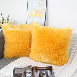 OYIMUA 2 Pieces Soft Decorative Cushion Covers Decorative Cushion Sheepskin Lambskin Faux Fur Long Hair Decorative Cushion Cover Faux Fur Sofa Cushion Cuddly Cushion (Yellow, 40 x 40 cm)