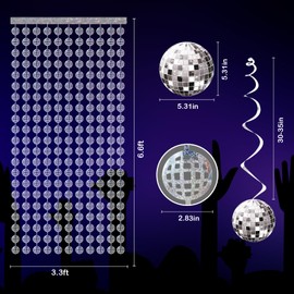 BAHABY Disco Party Decorations Set, 2 Pack 3.28 ft x 6.56 ft Metallic Tinsel Foil Fringe Curtains+ 12 PCS Sliver Disco Ball Hanging Swirls for Wedding Birthday Party Supplies