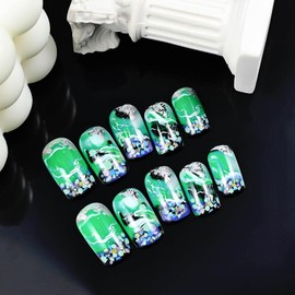 RUOKEXIN Square Press on Nails Medium Fake Nails Green Ombre False Nails with Marbling Designs Silver Glitter Artificial Nail Press ons Cute Glue on Nails Natural Stick on Nails for Women 24Pcs