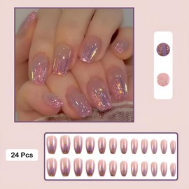 Press On Nails Short Square Fake Nails, Fashion Semi-Transparent Gold Glitter Acrylic Full Cover False Nails Set, Natural Perfectly Reusable Stick On Nails Suitable for Women Girls