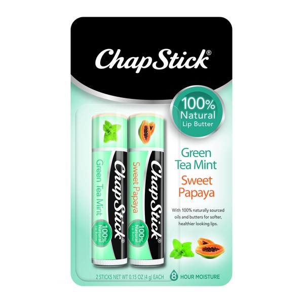ChapStick 100% Natural Lip Butter Green Tea Mint and Sweet Papaya Lip Balm Tubes Variety Pack - 0.15 Oz Each (Pack of 2)