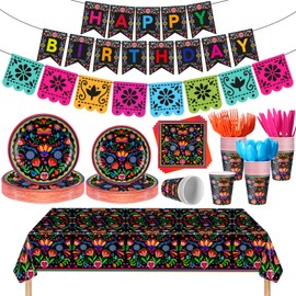 Domensi 144 Pcs Mexican Birthday Party Decoration for 20 Guests Includes Cinco De Mayo Mandala Flower Paper Plates and Napkins, Cups, Banners, Tablecloth, Cutlery for Fiesta Taco Party Supplies