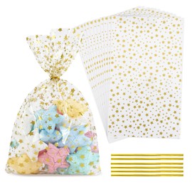 LEOSINDA 100Pcs Cellophane Bags, Clear Gift Bag Cellophane Treat Bags 6 X 10 Inches 100 Twist Ties for Gift Wrapping,Packaging Candies,Dessert,Bakery, Cookies, Chocolate,Party Favor, Gold Star Printed