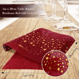 VOPIWOZ Tischdecke Weihnachten Rot (28cm x 5m), Vliesstoff Tischläufer Modern, Tischläufer Weihnachten Rolle mit Goldener Stern, Weihnachtstischläufer, Ideale Tischdeko Weihnachten