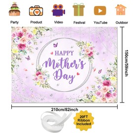 Joliaco Happy Mother's Day Backdrop Purple Floral Butterfly Pearl Thanks Mom Photography Background Mother's Day Party Decorations Banner Photo Booth Props (7x5ft)