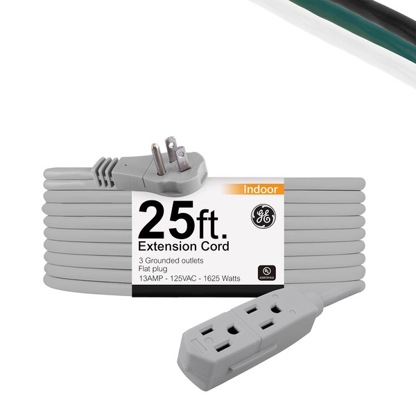 GE 3-Outlet Flat Extension Cord 25 Ft Grounded Extension Cord with Multiple Outlets 3 Prong Outlet Extender Flat Plug Power Strip Indoor Extension Cord 16 Gauge UL Listed Gray 43025