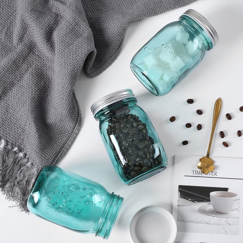 16 oz Teal Mason Jars with Lids，Regular Mouth Canning Jar,