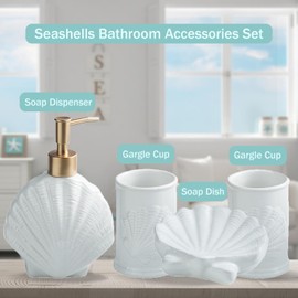 Bathroom Accessories Set, 4 Pcs Beach Seashells Ensemble Sets Ceramic Bathroom Counter Sets Includs Soap Dispenser Soap Dish & 2 Gargle Cup, Creative Bathroom Kit for Home Office Hotel (Seashell)