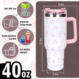 Whaline 40oz Pink Bow Tumbler with Handle Straw and Lid Coquette Bowknot Travel Tumbler Coffee Cup for Women Friend Holiday Birthday