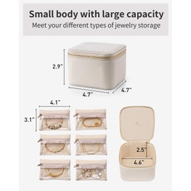 Vlando Jewelry Travel Case,Valentines Gift,Travel Jewelry Organizer with Clear Velvet Jewelry Bags 6Pcs Zipper Pouch for Women Girl Birthday Gift-White